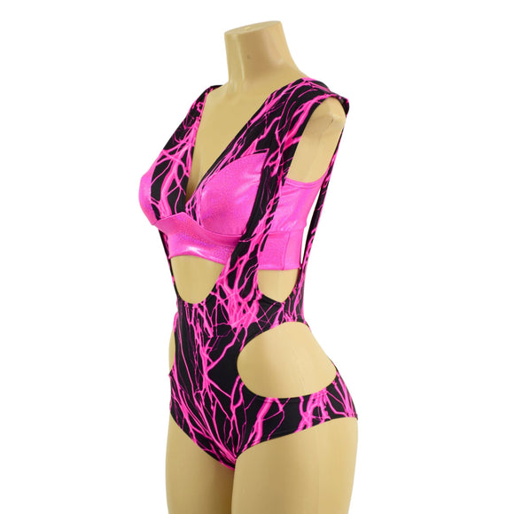 Neon Pink Lightning Hipnotic Suspender Romper and Starlette Bralette Set - Coquetry Clothing