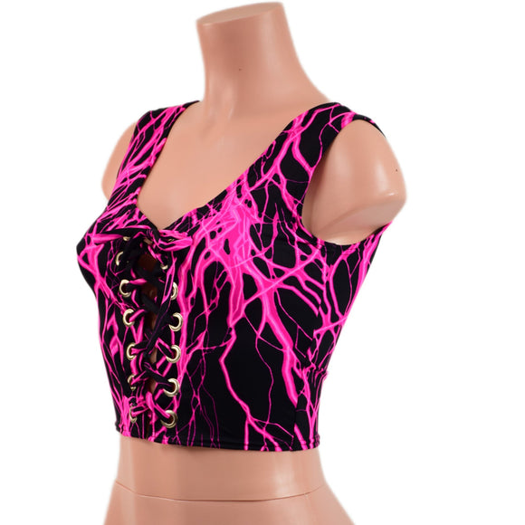 Neon Pink Lightning Laceup Crop Tank - Coquetry Clothing