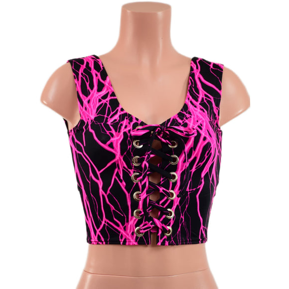 Neon Pink Lightning Laceup Crop Tank - Coquetry Clothing