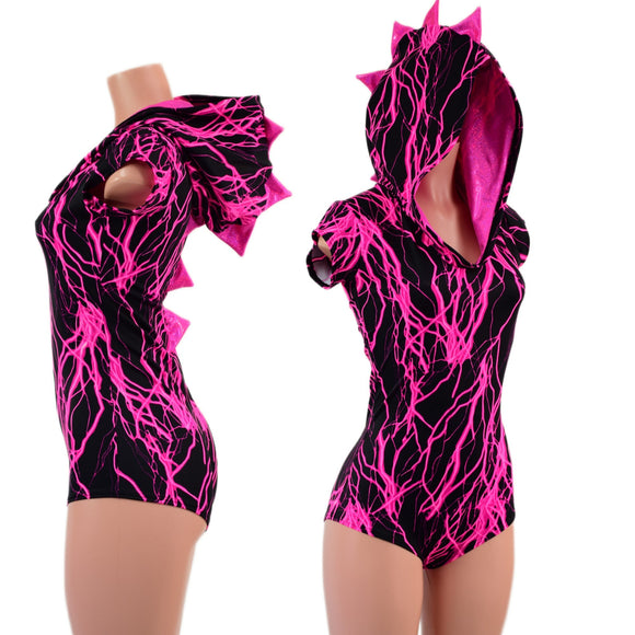 Neon Pink Lightning Print Dragon Hoodie Romper - Coquetry Clothing