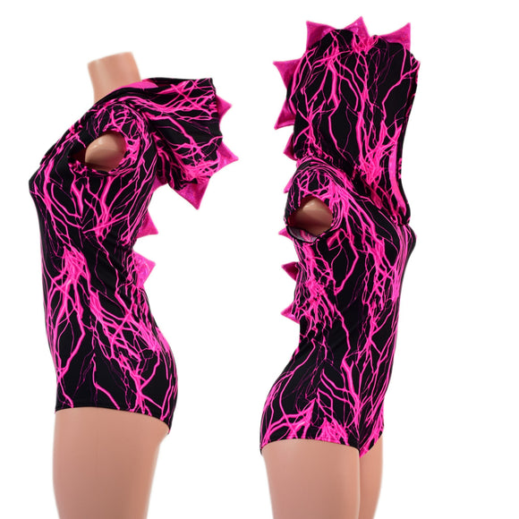 Neon Pink Lightning Print Dragon Hoodie Romper - Coquetry Clothing