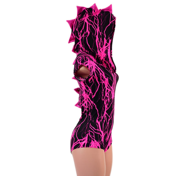 Neon Pink Lightning Print Dragon Hoodie Romper - Coquetry Clothing
