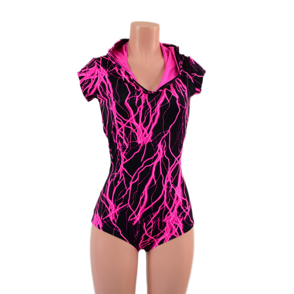 Neon Pink Lightning Print Dragon Hoodie Romper - Coquetry Clothing