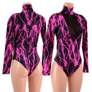 Neon Pink Lightning Romper with Black Mesh Inset Plunging V Neckline - Coquetry Clothing