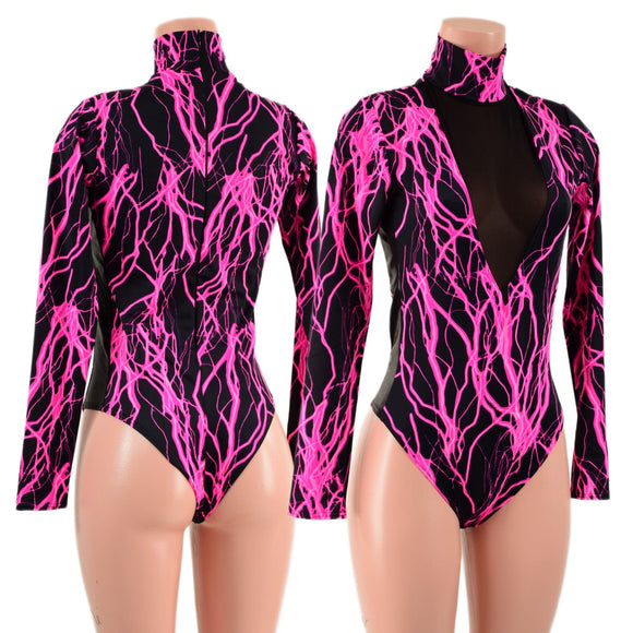 Neon Pink Lightning Romper with Black Mesh Inset Plunging V Neckline - Coquetry Clothing