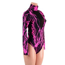 Neon Pink Lightning Romper with Black Mesh Inset Plunging V Neckline - Coquetry Clothing
