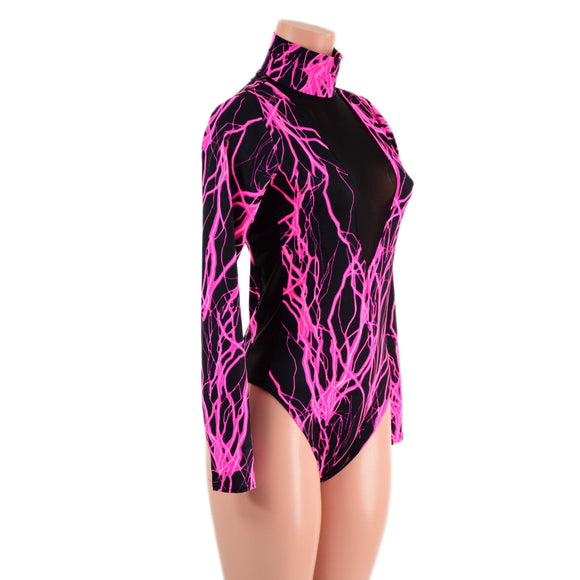 Neon Pink Lightning Romper with Black Mesh Inset Plunging V Neckline - Coquetry Clothing