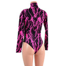 Neon Pink Lightning Romper with Black Mesh Inset Plunging V Neckline - Coquetry Clothing