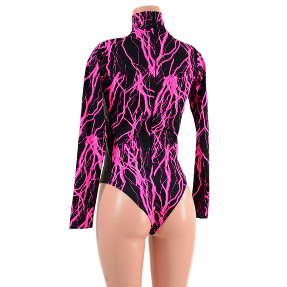 Neon Pink Lightning Romper with Black Mesh Inset Plunging V Neckline - Coquetry Clothing
