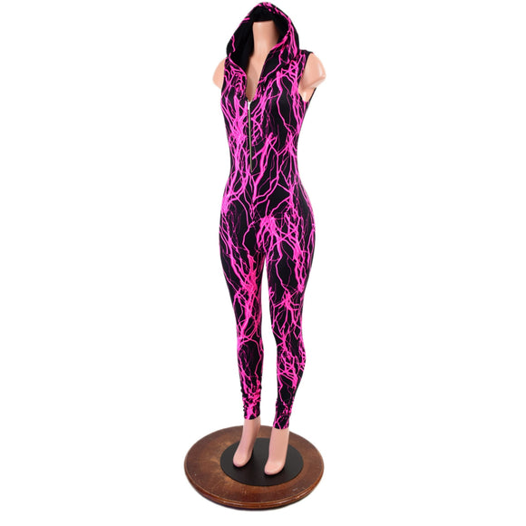 Neon Pink Lightning Zipper Front Catsuit - Coquetry Clothing