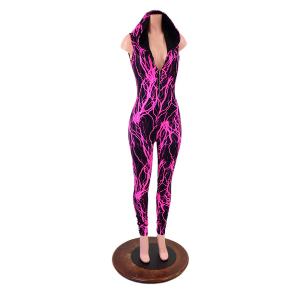 Neon Pink Lightning Zipper Front Catsuit - Coquetry Clothing