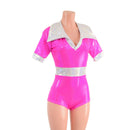 Neon Pink Romper with Banded Tee Sleeves, Disco Collar, and Contrast Waistband - Coquetry Clothing