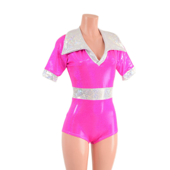 Neon Pink Romper with Banded Tee Sleeves, Disco Collar, and Contrast Waistband - Coquetry Clothing