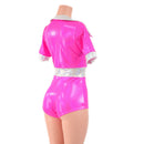 Neon Pink Romper with Banded Tee Sleeves, Disco Collar, and Contrast Waistband - Coquetry Clothing