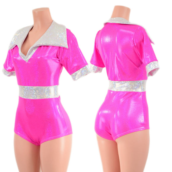 Neon Pink Romper with Banded Tee Sleeves, Disco Collar, and Contrast Waistband - Coquetry Clothing