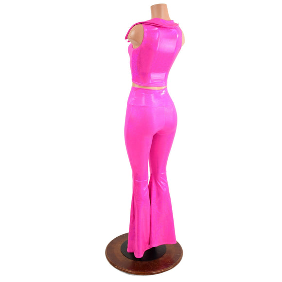 Neon Pink Solar Flares and Sleeveless Crop Top with Showtime Collar - Coquetry Clothing