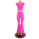 Neon Pink Solar Flares and Sleeveless Crop Top with Showtime Collar - Coquetry Clothing