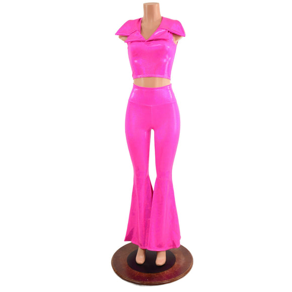 Neon Pink Solar Flares and Sleeveless Crop Top with Showtime Collar - Coquetry Clothing