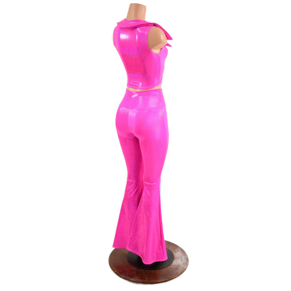Neon Pink Solar Flares and Sleeveless Crop Top with Showtime Collar - Coquetry Clothing
