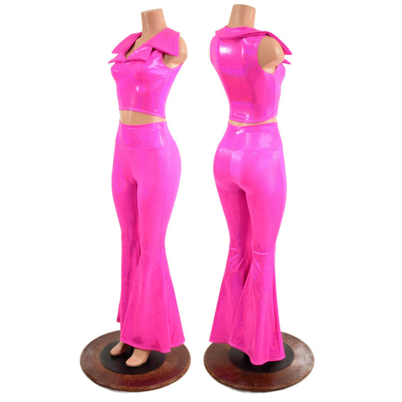 Neon Pink Solar Flares and Sleeveless Crop Top with Showtime Collar - Coquetry Clothing