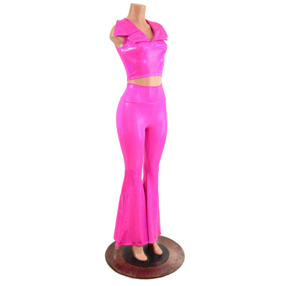 Neon Pink Solar Flares and Sleeveless Crop Top with Showtime Collar - Coquetry Clothing