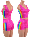 Neon Pink Sparkly Jewel Crop Tank and High Waist Shorts Set with Retro Rainbow Side Panels - Coquetry Clothing