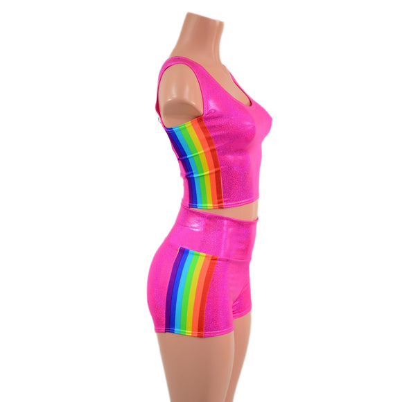 Neon Pink Sparkly Jewel Crop Tank and High Waist Shorts Set with Retro Rainbow Side Panels - Coquetry Clothing
