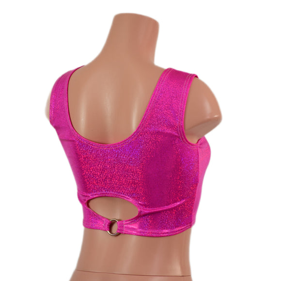 Neon Pink Sparkly Jewel High Or Low Reversible Cutout Oring Mini Crop - Coquetry Clothing