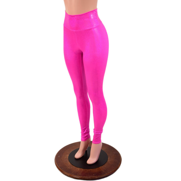 Neon Pink Sparkly Jewel High Waist Leggings - Coquetry Clothing