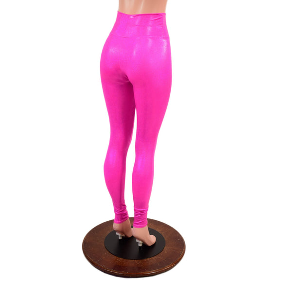 Neon Pink Sparkly Jewel High Waist Leggings - Coquetry Clothing