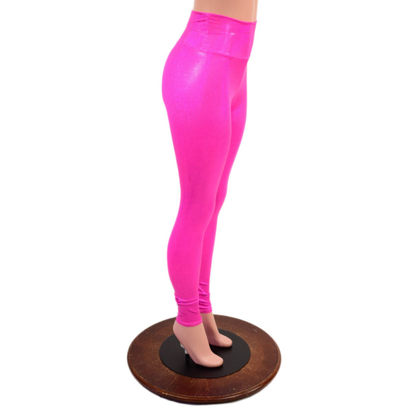 Neon Pink Sparkly Jewel High Waist Leggings - Coquetry Clothing