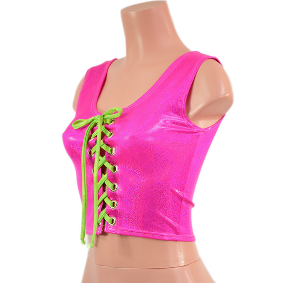 Neon Pink Sparkly Jewel Laceup Crop Tank - Coquetry Clothing
