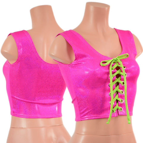 Neon Pink Sparkly Jewel Laceup Crop Tank - Coquetry Clothing