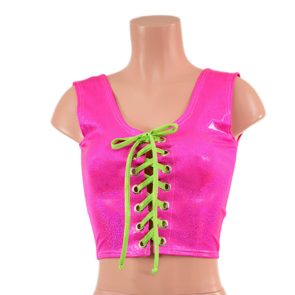 Neon Pink Sparkly Jewel Laceup Crop Tank - Coquetry Clothing