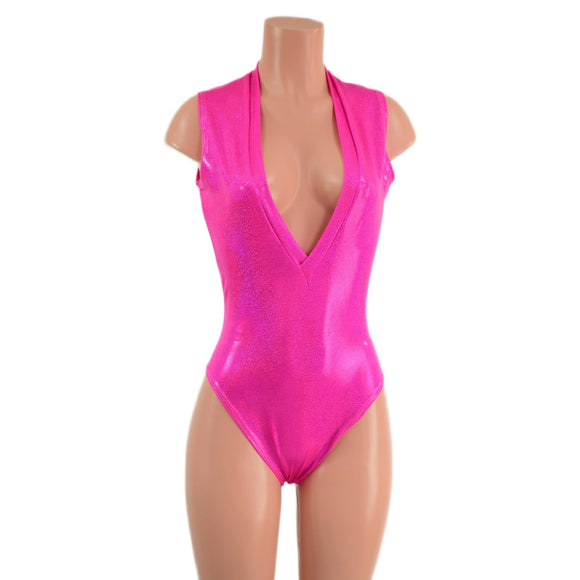 Neon Pink Sparkly Jewel Plunging V Neck Romper with Brazilian Cut Leg - Coquetry Clothing