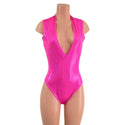Neon Pink Sparkly Jewel Plunging V Neck Romper with Brazilian Cut Leg - 7