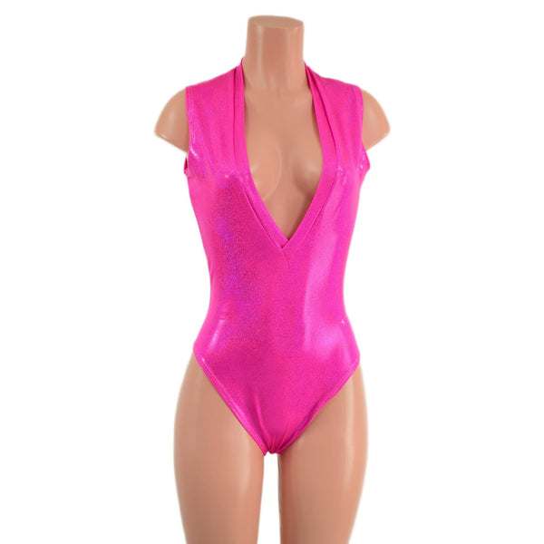Neon Pink Sparkly Jewel Plunging V Neck Romper with Brazilian Cut Leg - 7