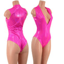 Neon Pink Sparkly Jewel Plunging V Neck Romper with Brazilian Cut Leg - 6