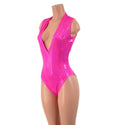 Neon Pink Sparkly Jewel Plunging V Neck Romper with Brazilian Cut Leg - 4