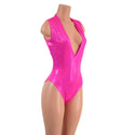 Neon Pink Sparkly Jewel Plunging V Neck Romper with Brazilian Cut Leg - 5