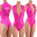 Neon Pink Sparkly Jewel Plunging V Neck Romper with Brazilian Cut Leg - 1
