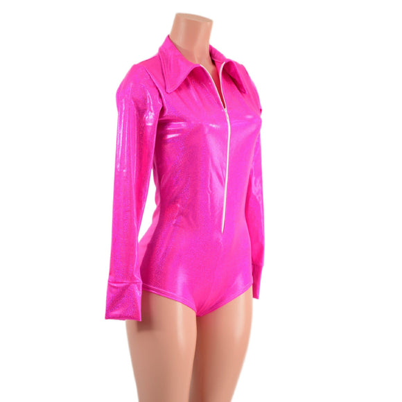 Neon Pink Sparkly Rodeo Romper with Snap Cuffs and Boy Cut Leg - Coquetry Clothing