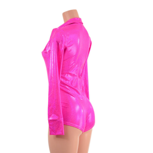 Neon Pink Sparkly Rodeo Romper with Snap Cuffs and Boy Cut Leg - Coquetry Clothing