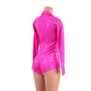 Neon Pink Sparkly Rodeo Romper with Snap Cuffs and Boy Cut Leg - Coquetry Clothing