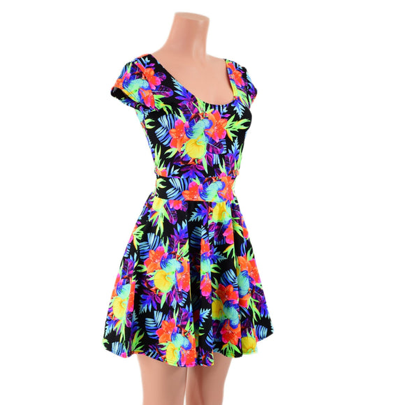 Neon Sonic Bloom Cap Sleeve Skater Dress - Coquetry Clothing
