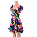 Neon Sonic Bloom Cap Sleeve Skater Dress - Coquetry Clothing