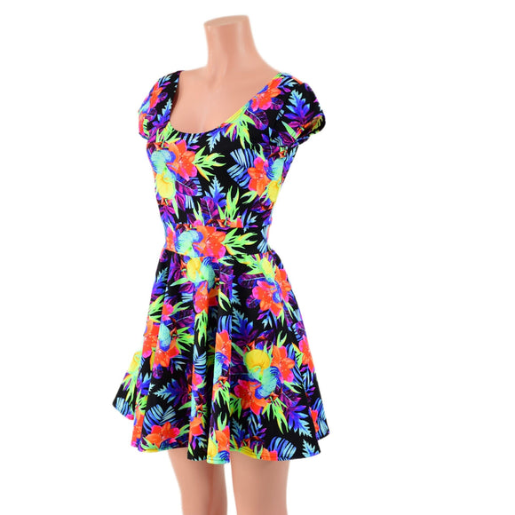 Neon Sonic Bloom Cap Sleeve Skater Dress - Coquetry Clothing