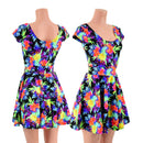 Neon Sonic Bloom Cap Sleeve Skater Dress - Coquetry Clothing