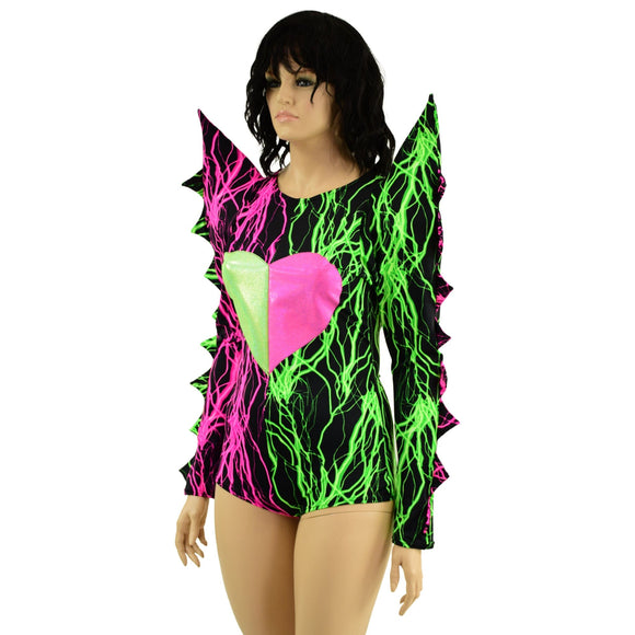 Neon UV Glow Color Split Broken Heart Romper with Spiked Mega Sharp Shoulders - Coquetry Clothing