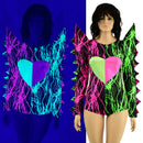 Neon UV Glow Color Split Broken Heart Romper with Spiked Mega Sharp Shoulders - Coquetry Clothing